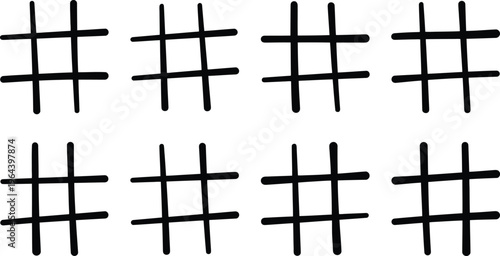 Eight Black Hashtag Symbols Arranged In Two Rows On A White Background social media internet