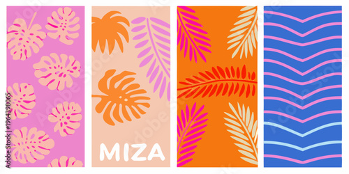 Four brightly colored patterned panels with tropical foliage designs