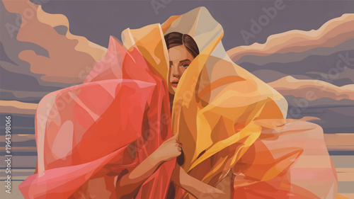 Woman partially obscured by flowing translucent fabric in muted sunset colors, female face, eyes, lips
