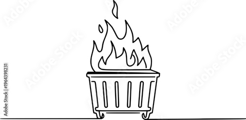 Single line of a dumpster fire with flames and smoke isolated a white background