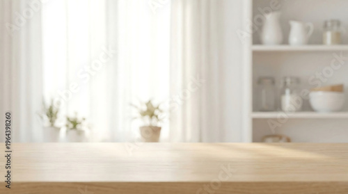 Wooden Table Top Empty Surface with Blurred Kitchen Background for Product Placement Mockup