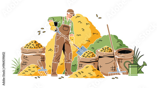 Gardener's Harvest: A dedicated gardener diligently manages a bountiful harvest, organizing piles of golden grains and lush greenery, showcasing the rewards of labor.