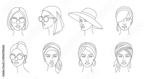 Diverse Women Faces with Hats Glasses.
