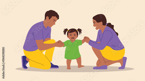 Parents teaching baby walking