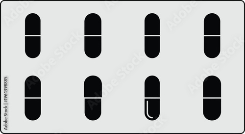 Eight Black Pill Capsules Arranged in Two Rows on a Light Gray Background medicine drug