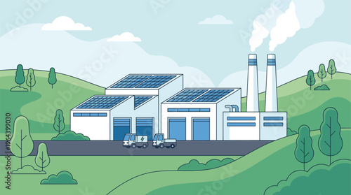 Sustainable modern industrial factory building with solar panels on roof, green hills landscape, and electric delivery trucks, vector illustration