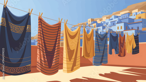 Laundry drying on a clothesline with a blue and tan cityscape background fabric textiles