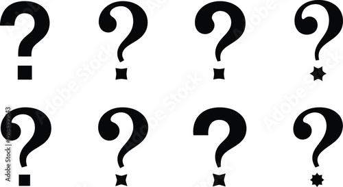 Set of Eight Black Question Mark Icons with Varied Dot Designs Keywords: question mark, punctuation, symbol, icon, query, uncertainty, confusion, mystery, inquiry, information, help, support
