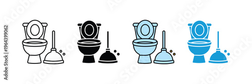 Ceramic toilet bowl with rubber plunger for bathroom plumbing and sanitation icon set. Household maintenance equipment for clog repair and hygiene symbol. Vector Illustration.