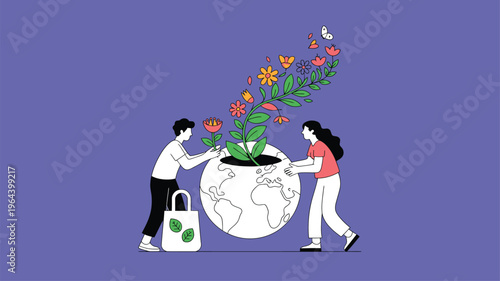 People planting flowers globe nature conservation
