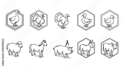 Farm animals in hexagon frames.