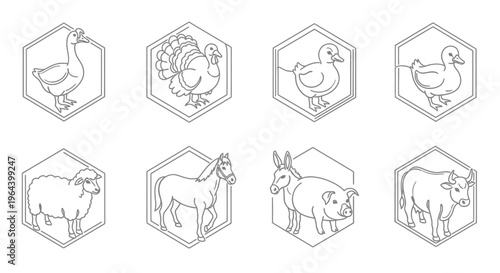 Farm animals in hexagonal icons.