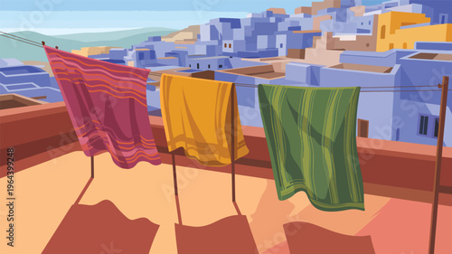 Three colorful fabrics drying on a clothesline overlooking a blue city laundry textile