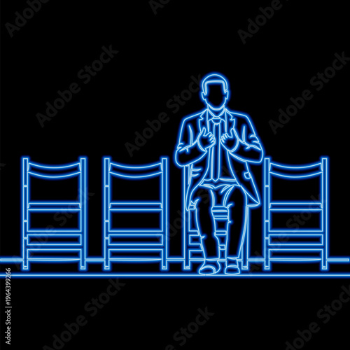 Row of chairs with businessman sitting and pointing at himself symbolizing self confidence and selection icon neon glow vector illustration concept