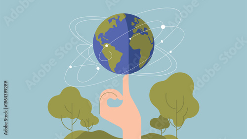 Planet Earth balanced on finger global network technology