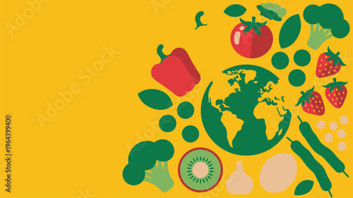Planet Earth surrounded by healthy foods yellow background