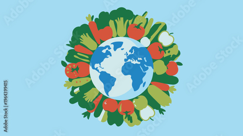 Planet Earth surrounded by vegetables and fruits