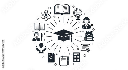 Graduation Cap Icon with Education Symbols.