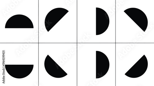 Eight Black Semicircles In Various Orientations Within Square Frames On A White Background geometric