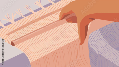 Hand holding rolled up peach colored fabric with fringe detail textile