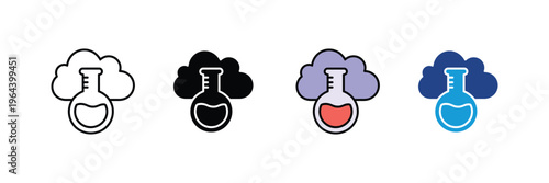 Chemical lab flask with cloud for cloud-based science and research icon set. Digital laboratory experiment and database storage symbol. Vector Illustration.