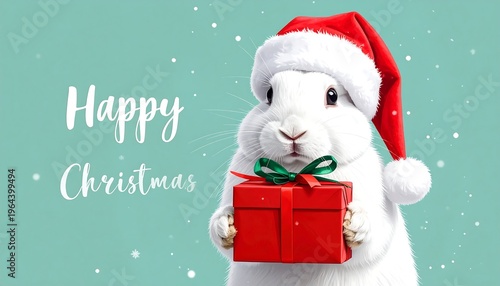 A cute, fluffy white bunny wearing a Santa hat, holding a red gift box. Snowflakes fall on a light green backdrop