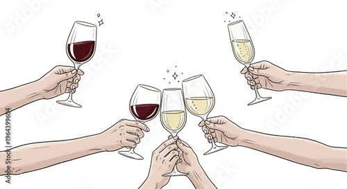 Hands holding wine glasses together celebration.