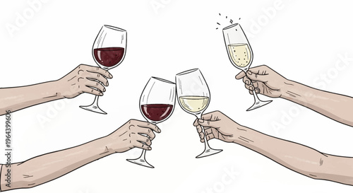 Hands holding wine glasses together.