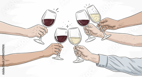 Hands holding wine glasses together.