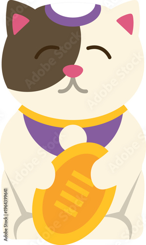 Maneki neko lucky cat holding a koban coin, symbolizing fortune and prosperity