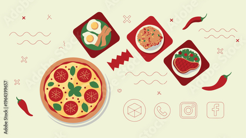 Restaurant menu flat lay with pizza breakfast steak social icons