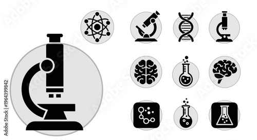 Microscope and science laboratory icons set.