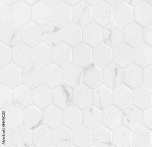 白い六角形タイルに大理石風の質感を加えた清潔感あふれるハニカム構造のモダンな背景テクスチャ素材