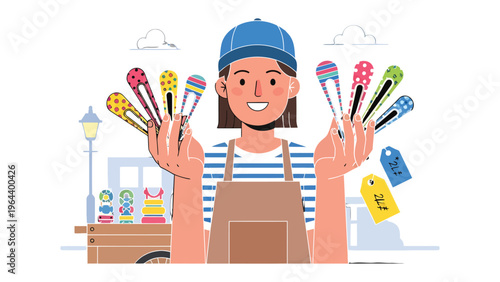 Cheerful Vendor: A street vendor joyfully presents a collection of colorful handmade crafts, showcasing the vibrant artistry and entrepreneurial spirit.