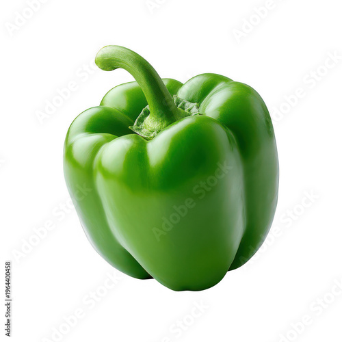 A single fresh and vibrant green bell pepper featuring a thick stem and a crisp textured surface isolated on transparent background