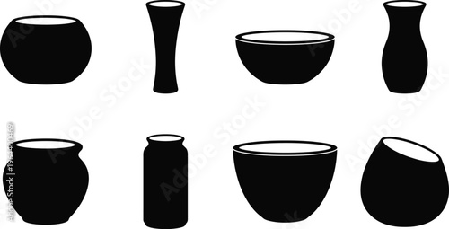 Eight black silhouette icons of various vase and pottery shapes on a white background vector illustration