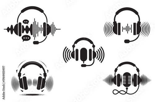 Headphones with microphone and sound wave icons set for call center podcasting music production voice recording equipment symbols isolated on transparent background vector graphics