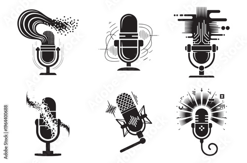 Modern digital microphone design pack with pixelated data streams and sound modulation effects for podcasting technology audio engineering and futuristic voice processing software