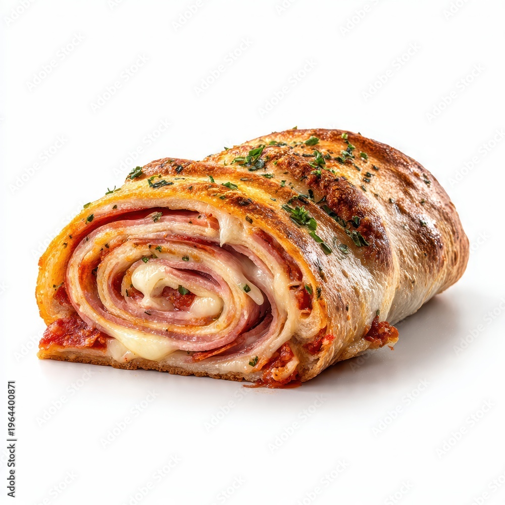 Fototapeta premium Delicious Italian-American Stromboli cross-section with layers of savory ham, spicy pepperoni, and melted mozzarella cheese, baked to a golden crust, on a pristine white background.