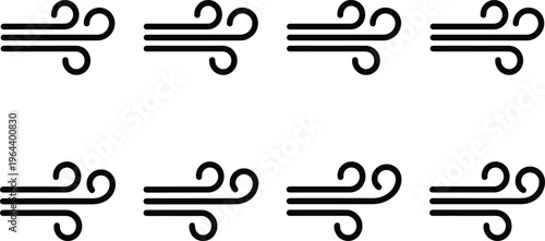 Eight Black Silhouette Wind Gust Icons with Swirling Tails breeze weather