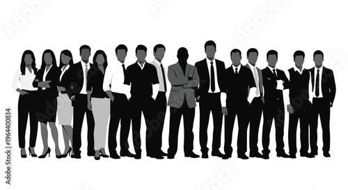 Diverse group of business professionals, men and women, standing together in formal attire, conveying teamwork and unity.