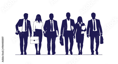 Diverse group of business professionals in silhouette, walking forward with briefcases and folders, symbolizing teamwork and success