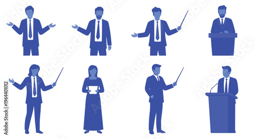 Collection of Business People Presenting and Lecturing with Gestures, Pointer Stick, and Podium
