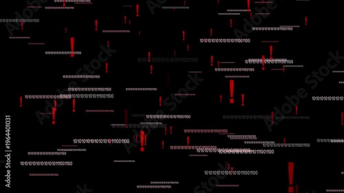 Abstract cyber background with falling binary code and red exclamation marks on black, evoking hacking, malware alerts, and data breach warnings; futuristic digital glitch style.