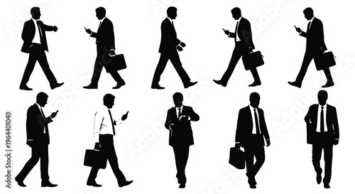 Collection of Silhouettes of Businessmen Walking and Using Smartphones, Representing Modern Professional Life