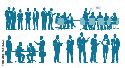 Business meeting and discussion silhouettes, teamwork and collaboration in office environment, professional communication concept