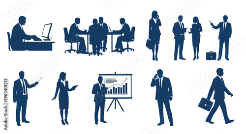 Professional business people silhouettes in various corporate settings, depicting office work, team meetings, presentations, and daily business interactions.