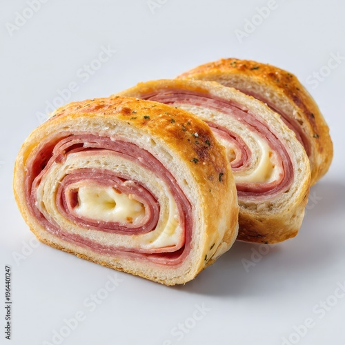 Delicious baked ham and cheese roll slices, a savory pinwheel with melted cheese and deli meats, perfect as an appetizer, snack, or quick meal on a clean white background.