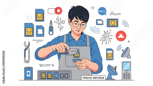 Tech Specialist at Work: A tech expert meticulously works on micro service, surrounded by components, embodying innovation and the intricacies of modern technology.