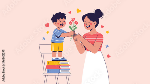 Son gifting flowers mother loving family moment